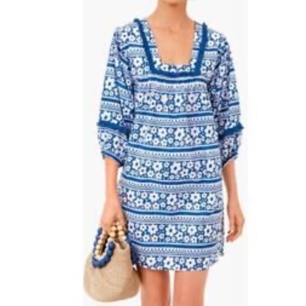 Tuckernuck Size Small Daisy Fringe Blue & White Floral cotton mini dress